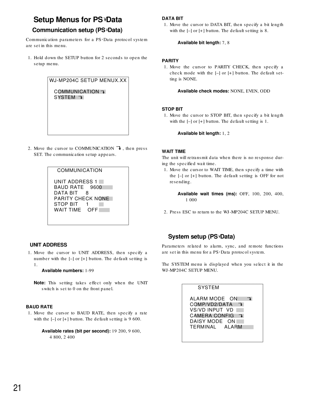 Panasonic WJ-MP204C manual Setup Menus for PS Data, Communication setup PS Data, System setup PS Data 