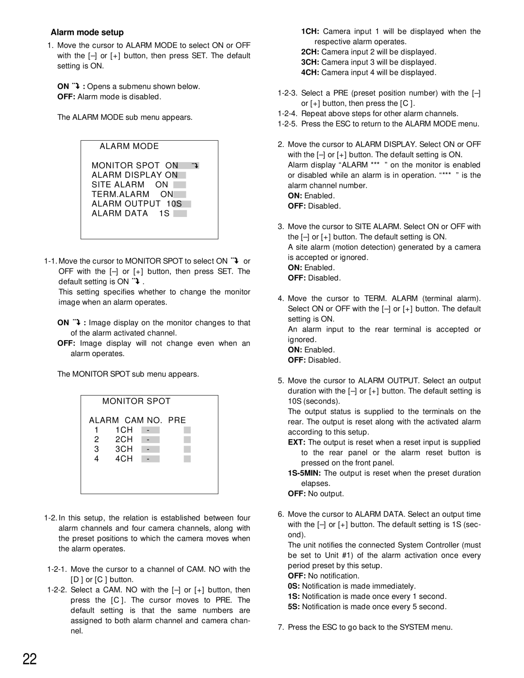 Panasonic WJ-MP204C manual Alarm mode setup, Alarm Data, Alarm CAM no PRE 1CH 2CH 3CH 4CH 