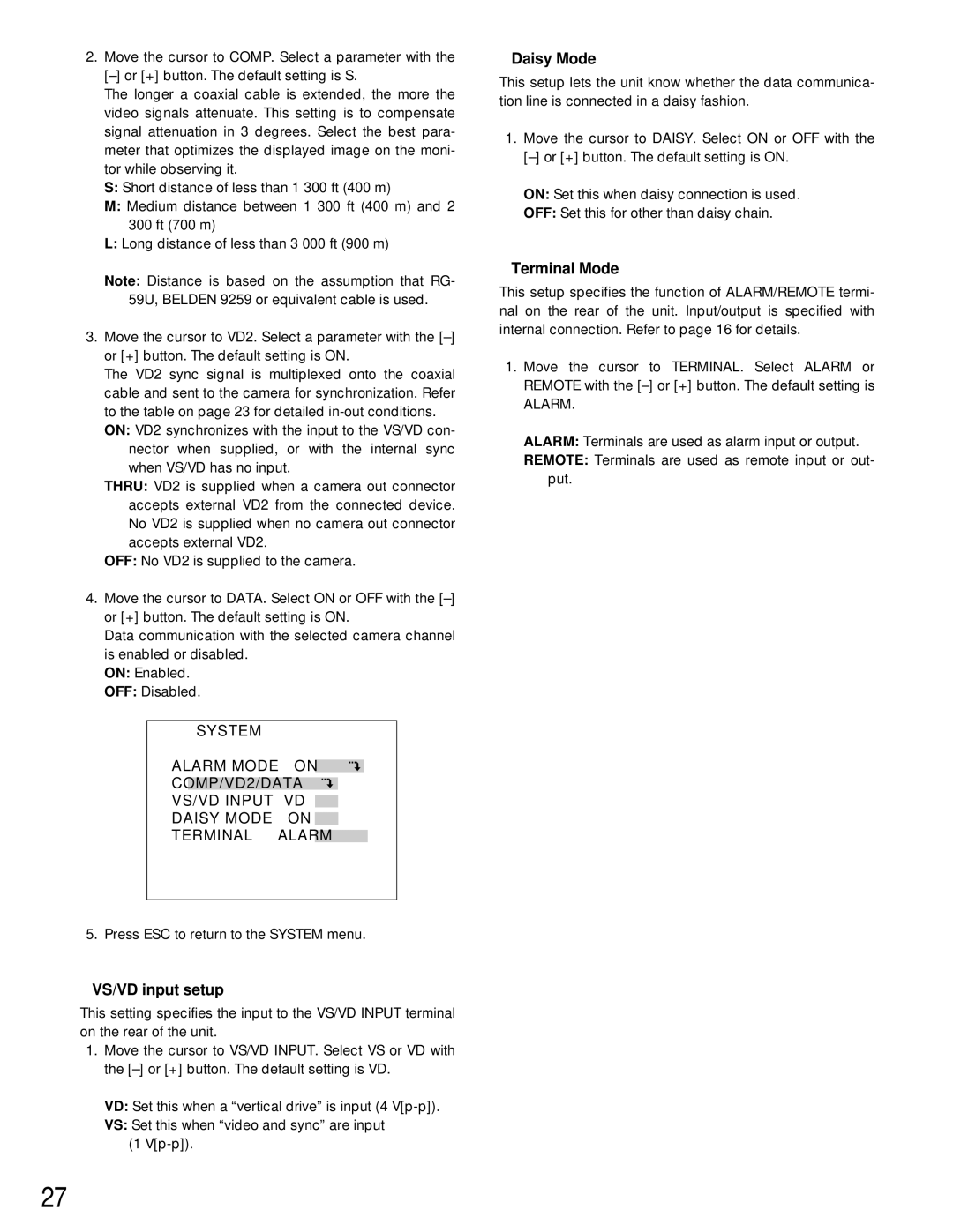 Panasonic WJ-MP204C manual VS/VD input setup, Alarm 