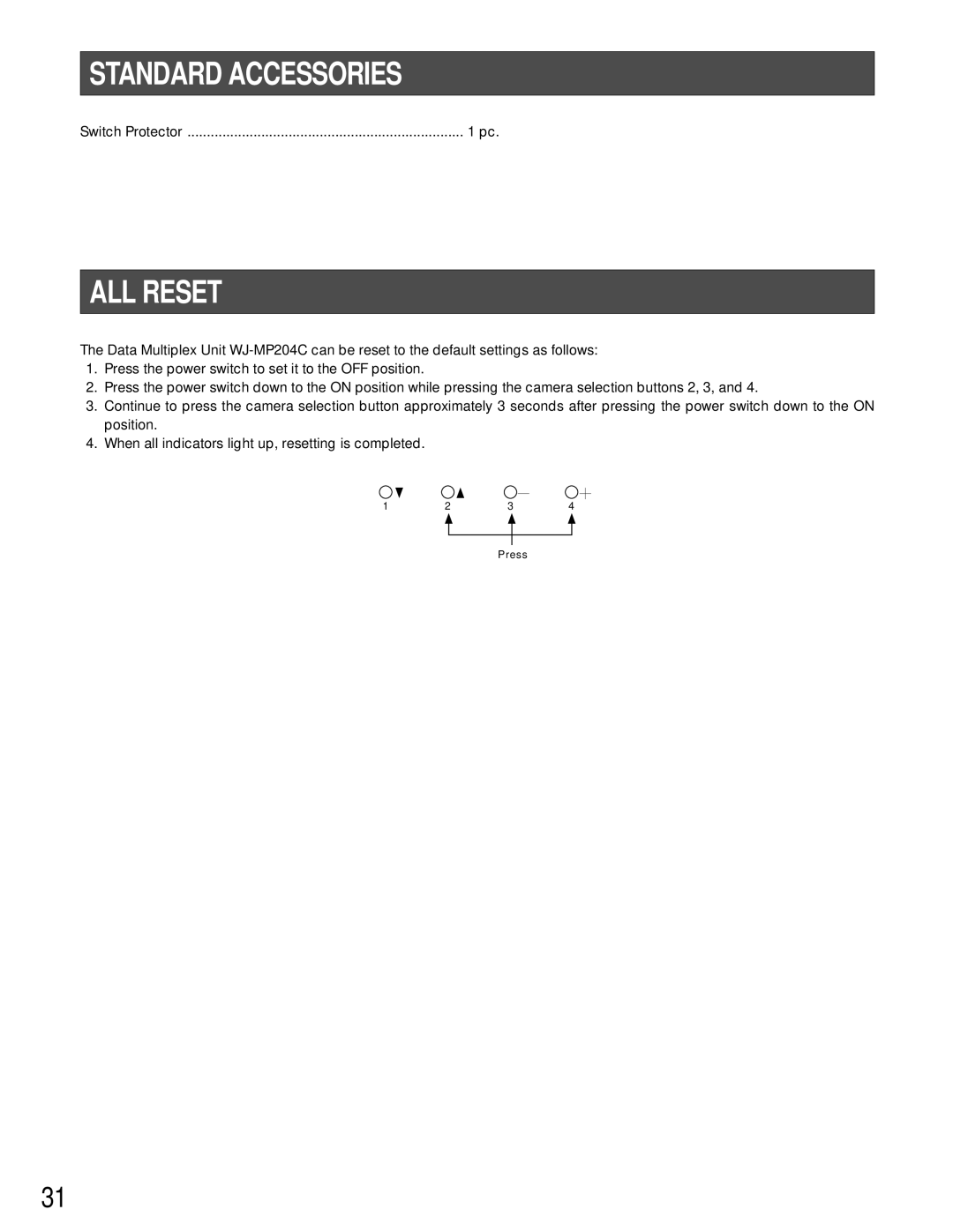 Panasonic WJ-MP204C manual Standard Accessories, ALL Reset 