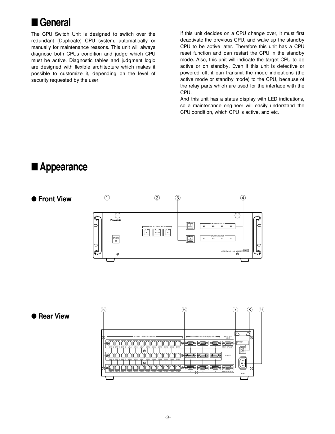 Panasonic WJ-MPS850 user service General, Appearance, Front View, Rear View 