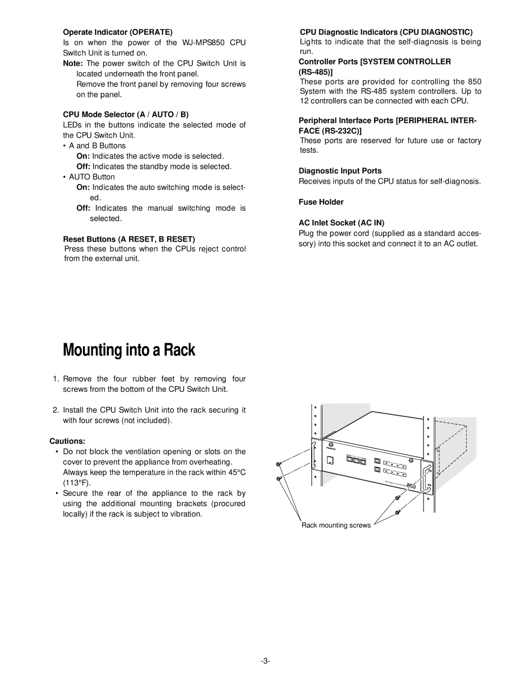 Panasonic WJ-MPS850 user service Mounting into a Rack, Operate Indicator Operate 