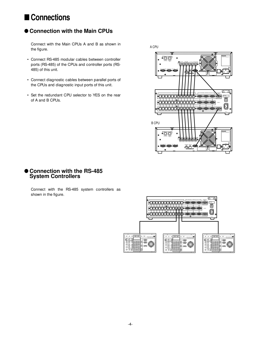 Panasonic WJ-MPS850 user service Connections, Connection with the Main CPUs, Connection with the RS-485 System Controllers 