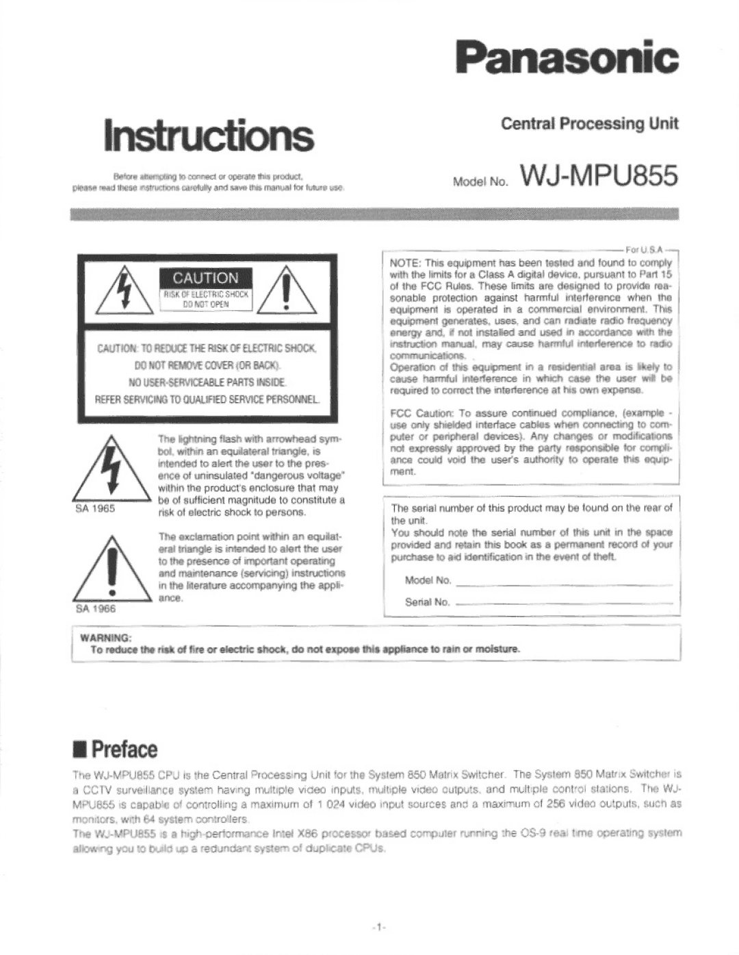Panasonic WJ-MPU855 manual 