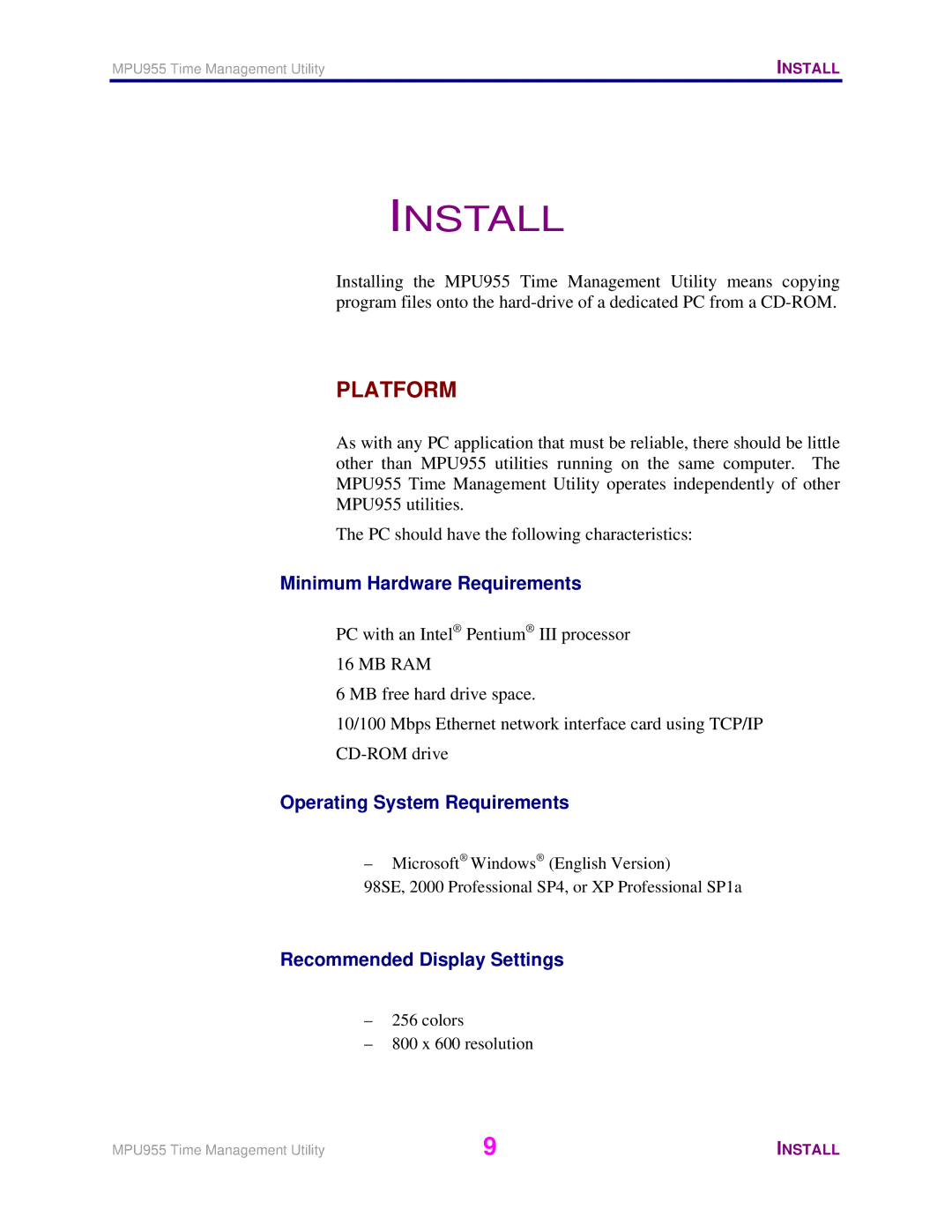 Panasonic WJ-MPU955 manual Install, Platform, Minimum Hardware Requirements, Operating System Requirements 