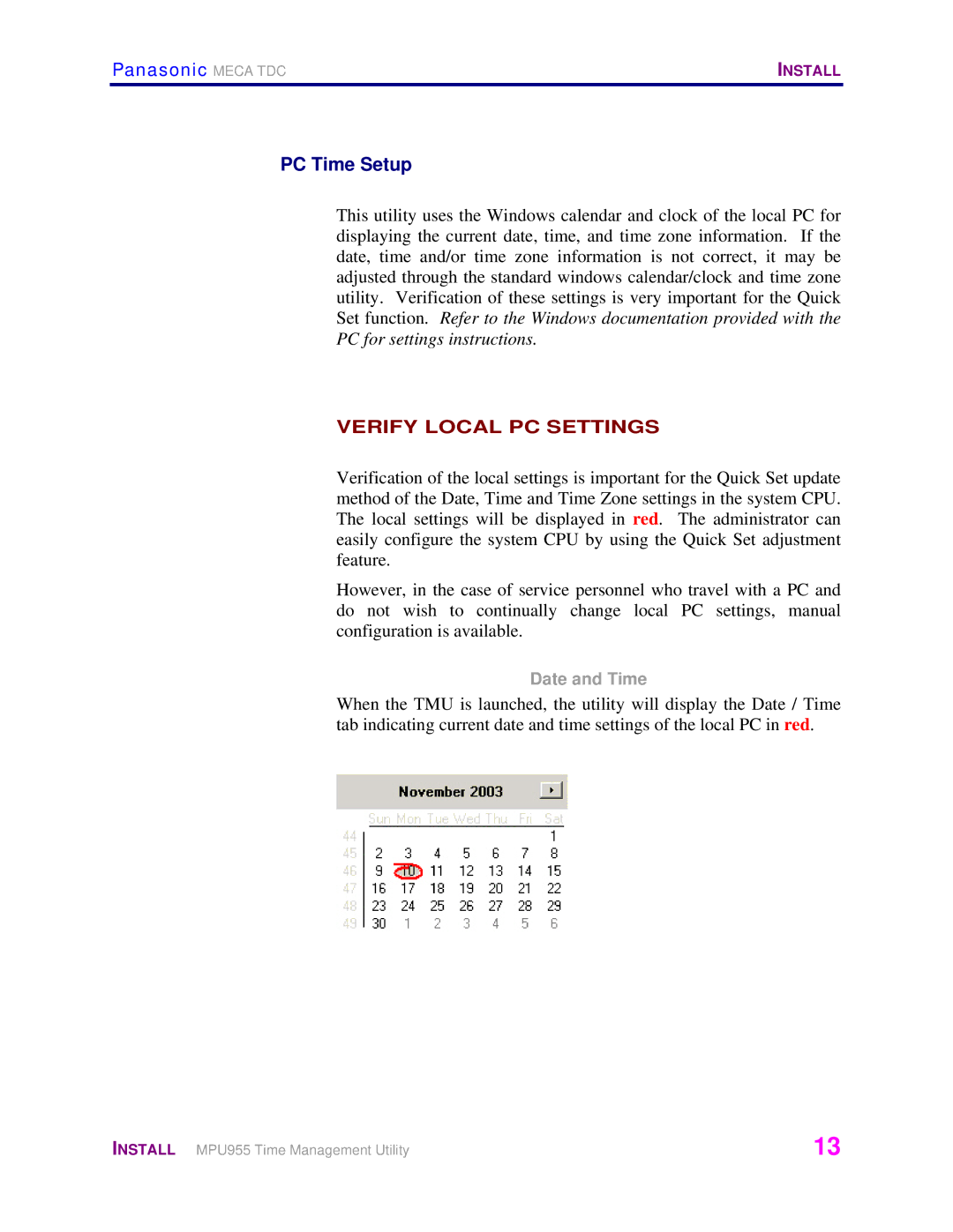 Panasonic WJ-MPU955 manual PC Time Setup, Date and Time 