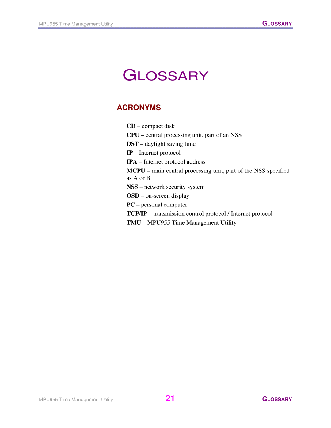 Panasonic WJ-MPU955 manual Glossary, Acronyms 