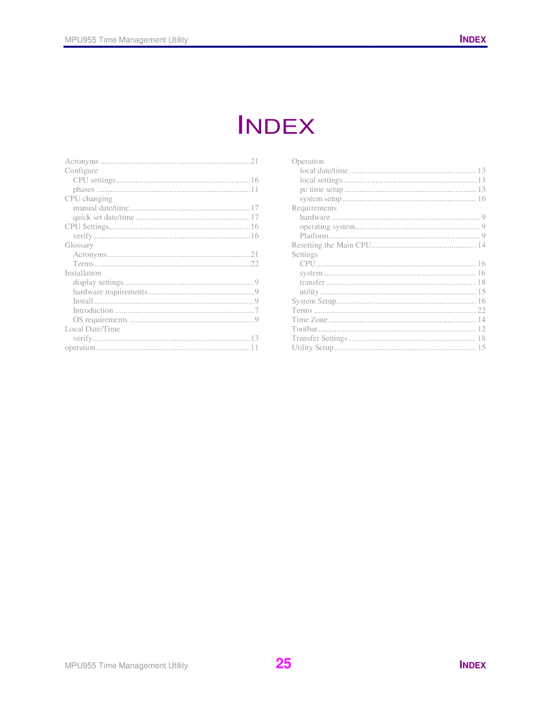 Panasonic WJ-MPU955 manual Index, Cpu 