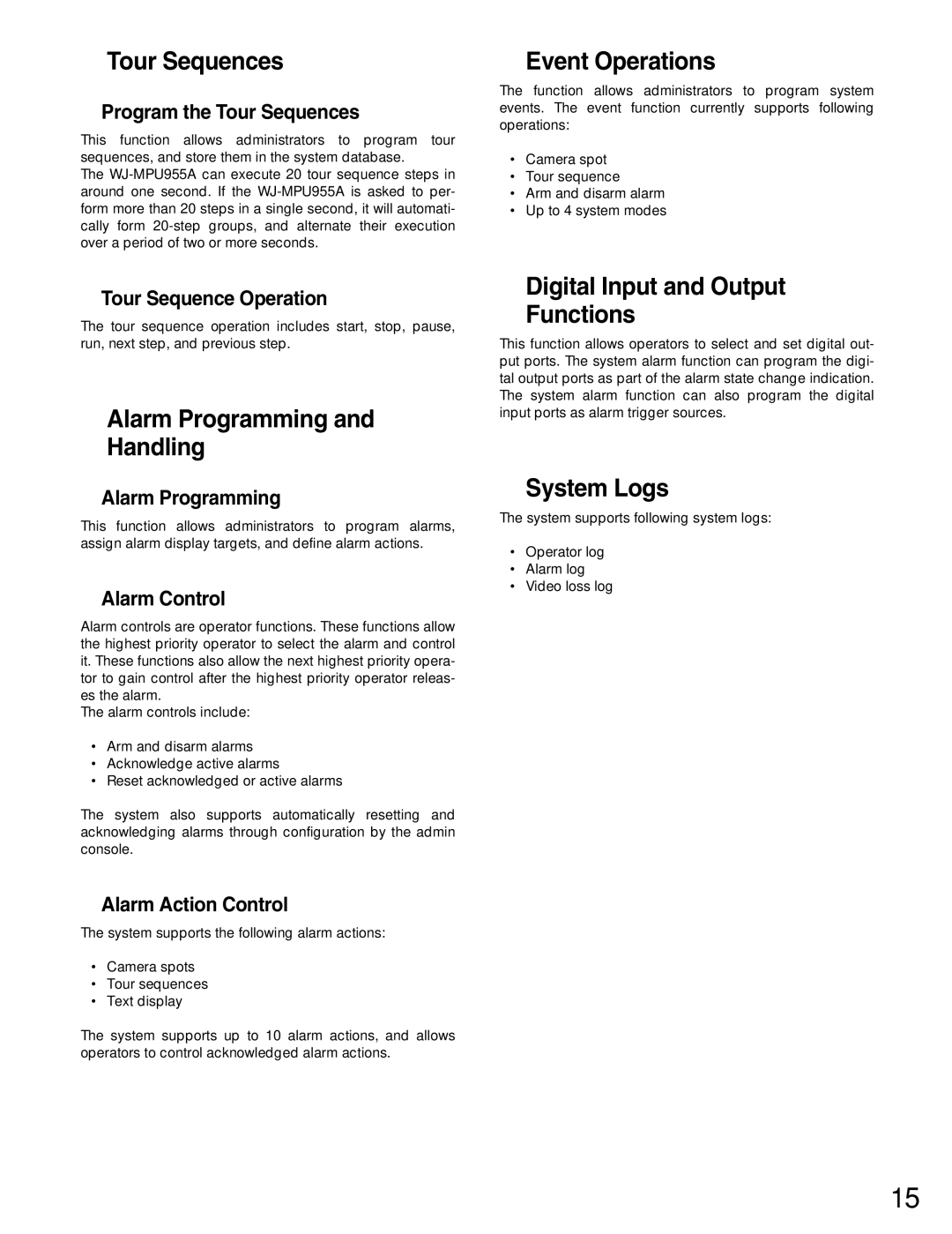 Panasonic WJ-MPU955A Tour Sequences, Alarm Programming and Handling, Event Operations, Digital Input and Output Functions 