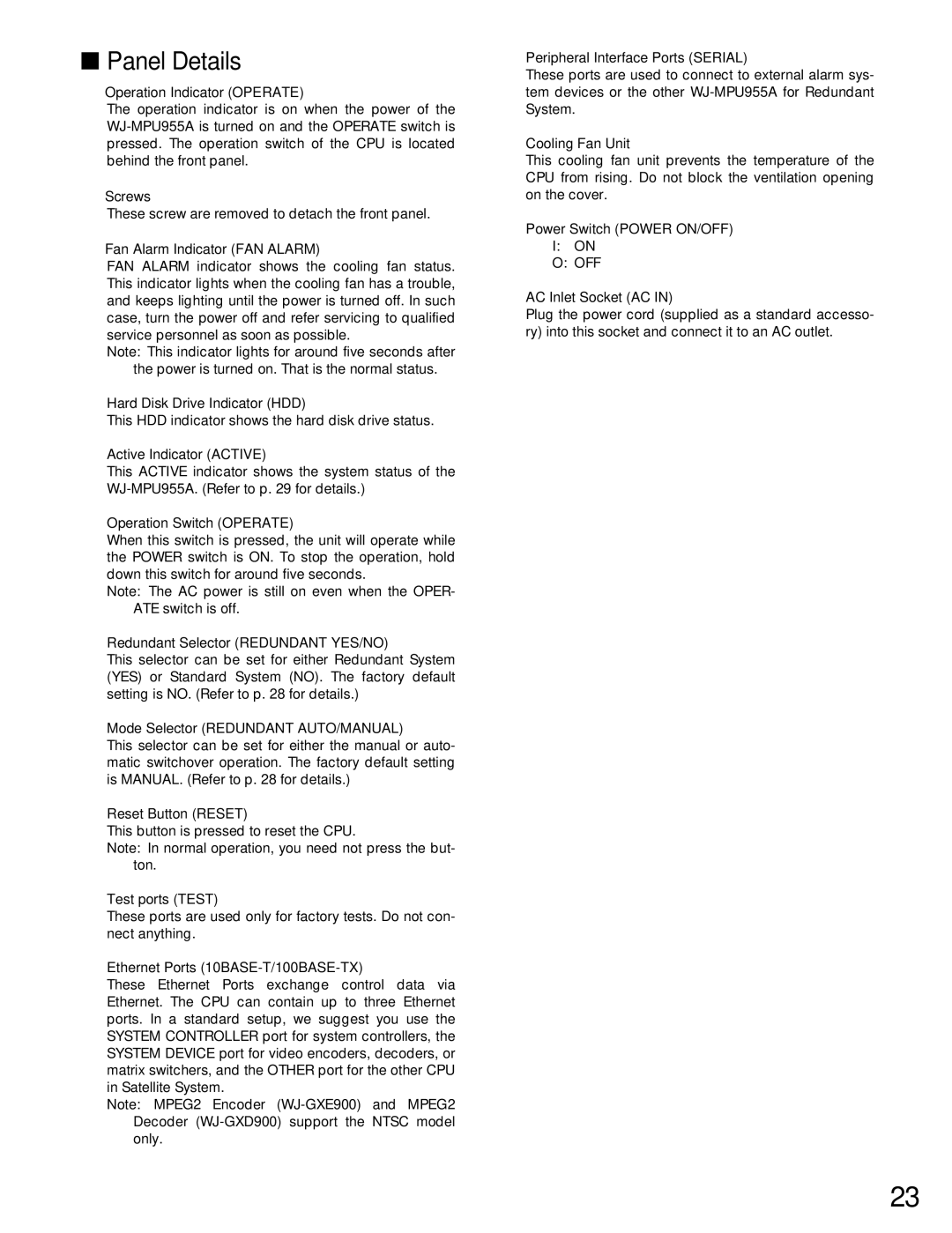 Panasonic WJ-MPU955A manual Panel Details 