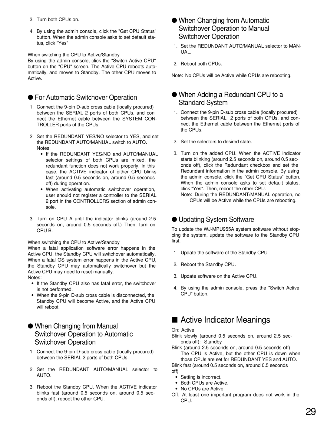 Panasonic WJ-MPU955A manual Active Indicator Meanings, For Automatic Switchover Operation, Updating System Software 