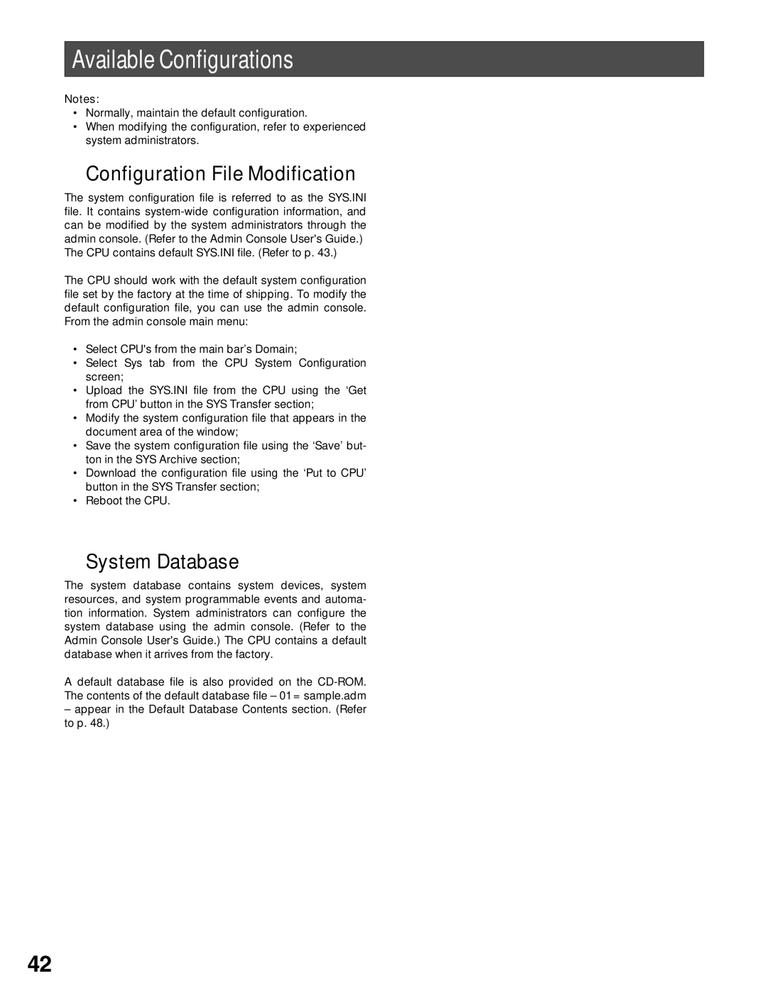 Panasonic WJ-MPU955A manual Available Configurations, Configuration File Modification, System Database 