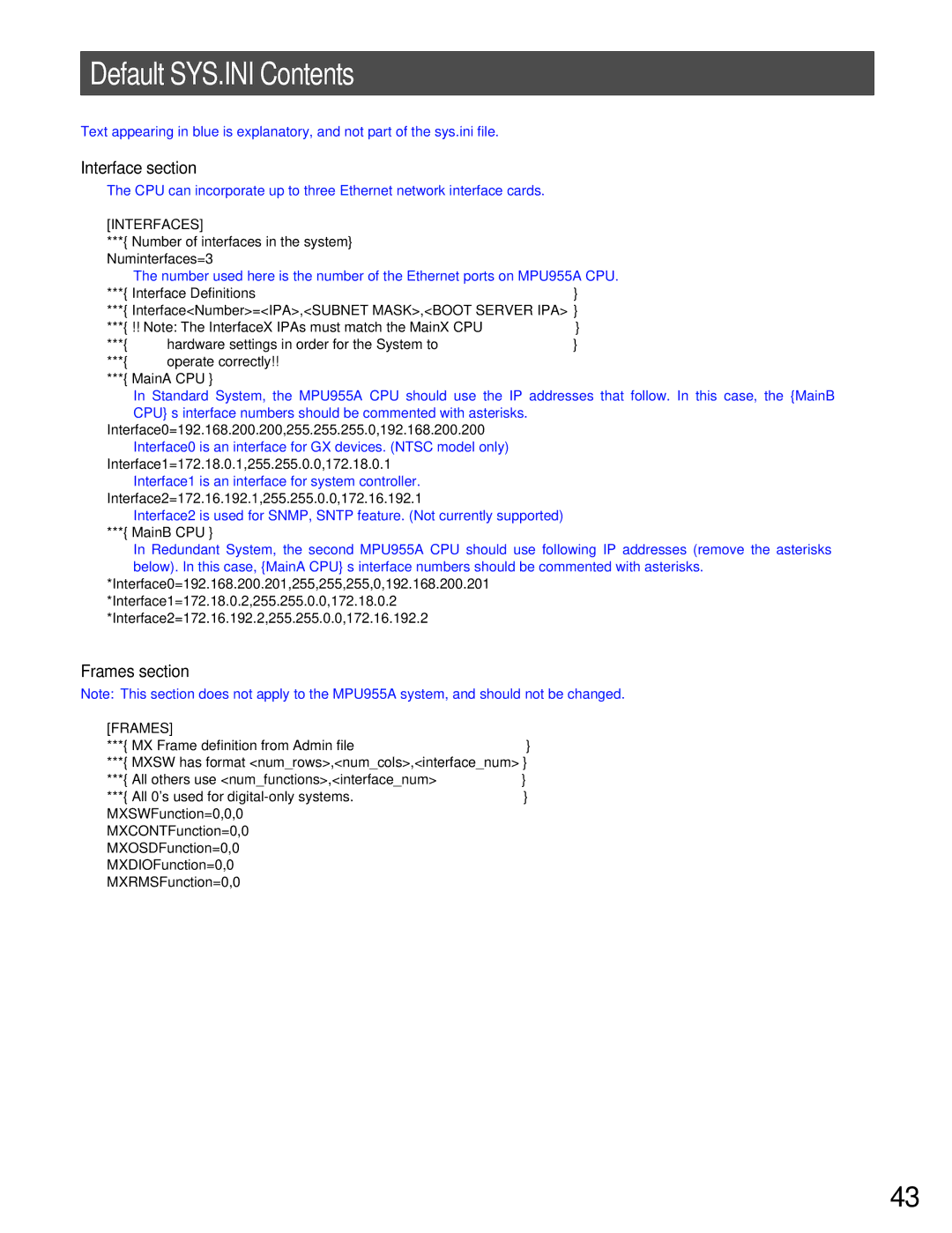 Panasonic WJ-MPU955A manual Default SYS.INI Contents 