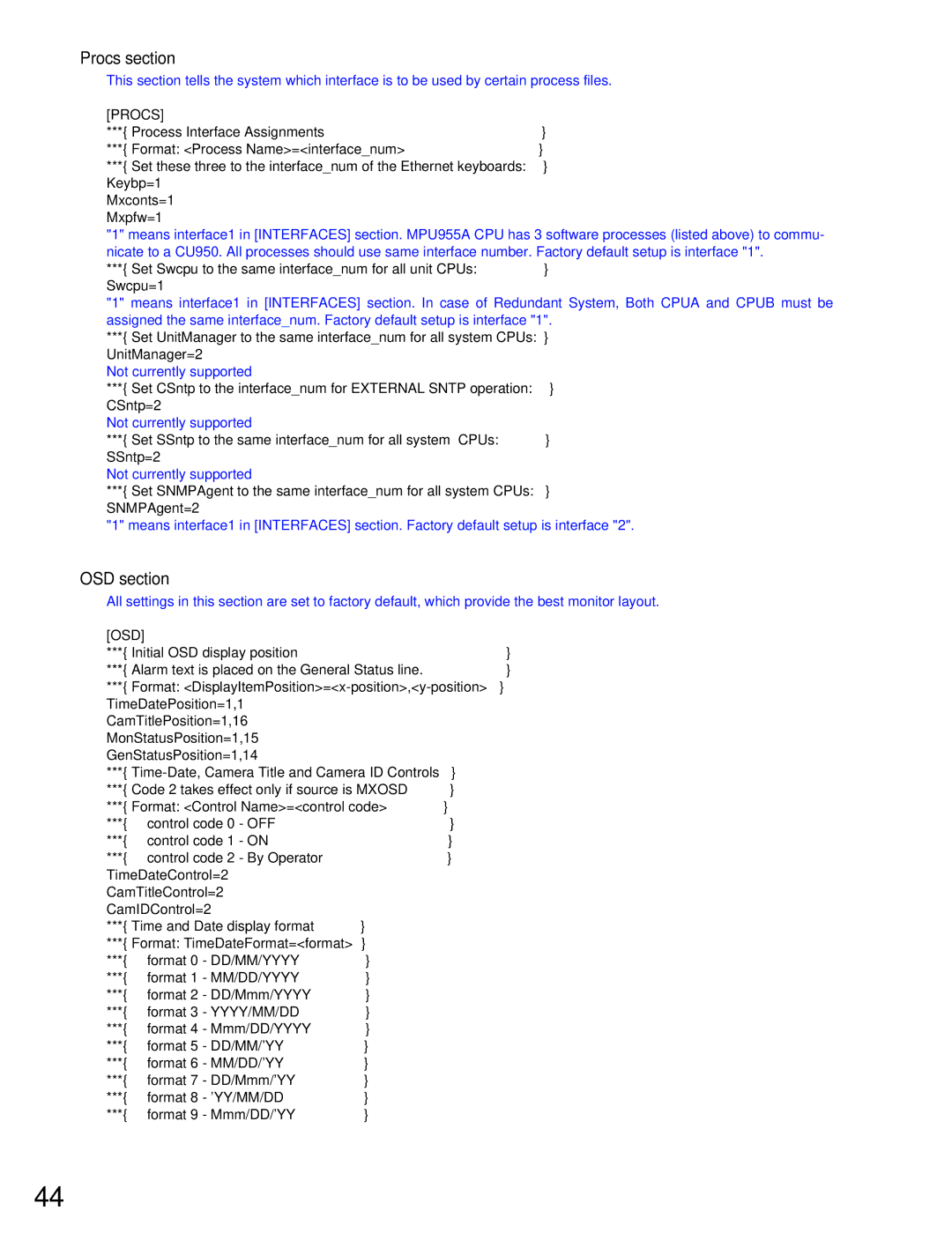 Panasonic WJ-MPU955A manual Procs section, OSD section 