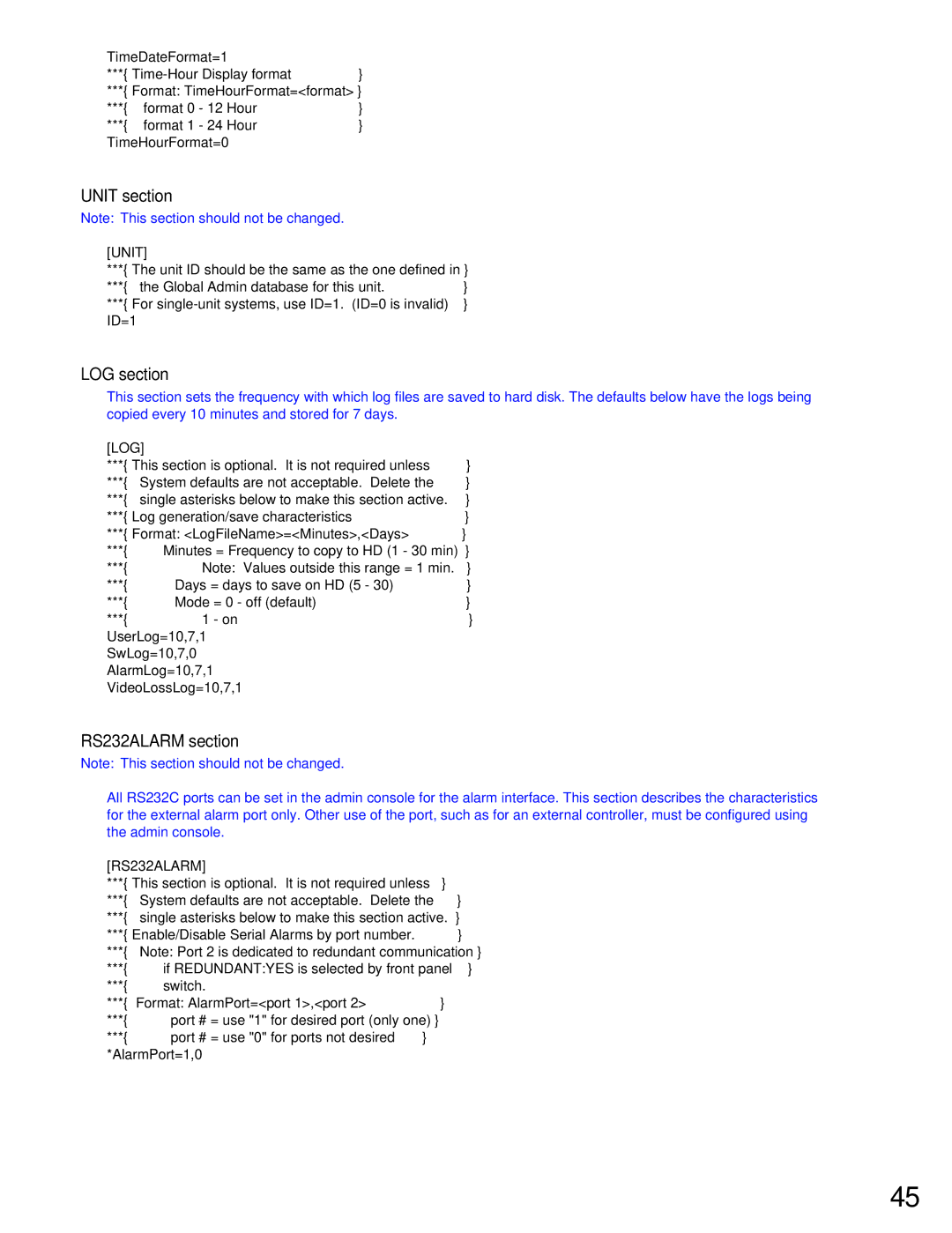 Panasonic WJ-MPU955A manual Unit section, LOG section, RS232ALARM section, TimeDateFormat=1, TimeHourFormat=0 