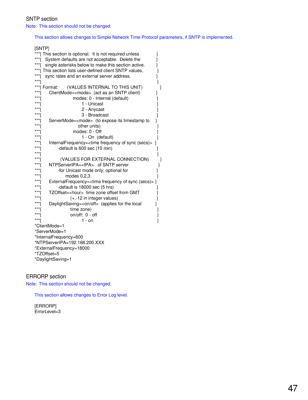 Panasonic WJ-MPU955A manual Sntp section, Errorp section 