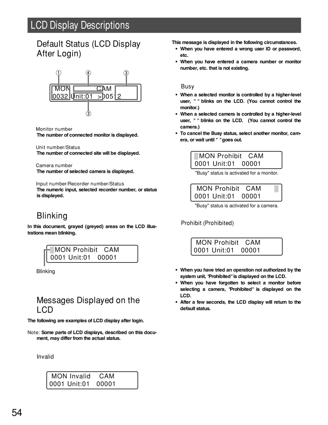 Panasonic WJ-MPU955A LCD Display Descriptions, Default Status LCD Display After Login, Blinking, Messages Displayed on 