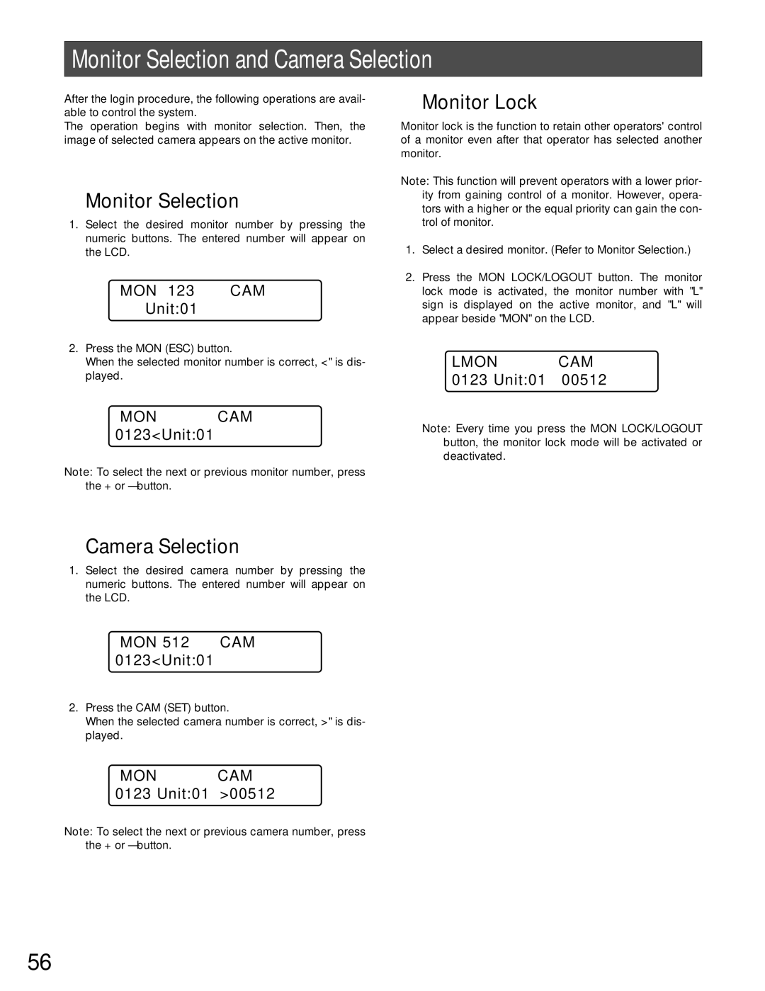 Panasonic WJ-MPU955A manual Monitor Selection and Camera Selection, Monitor Lock 