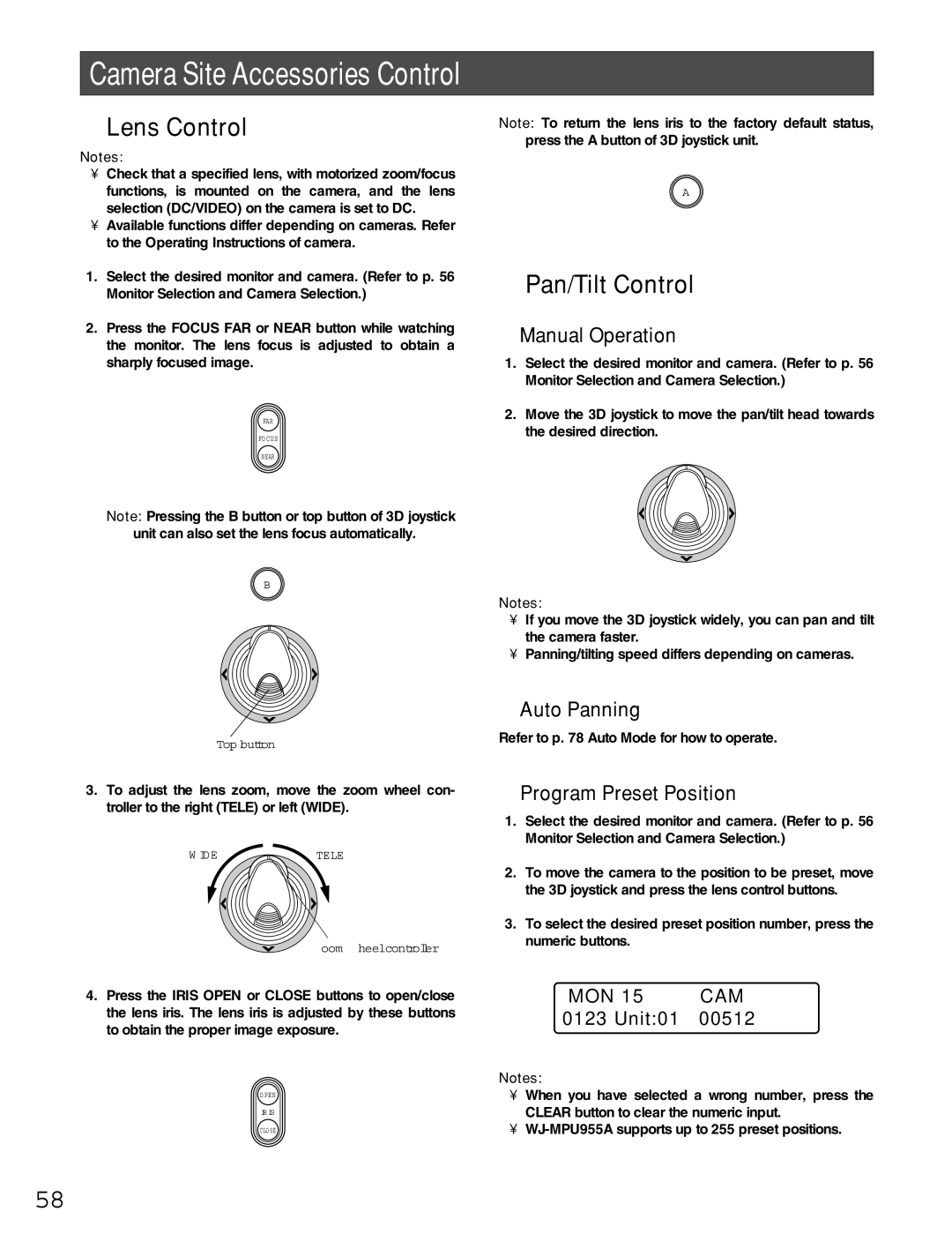 Panasonic WJ-MPU955A manual Camera Site Accessories Control, Lens Control, Pan/Tilt Control 