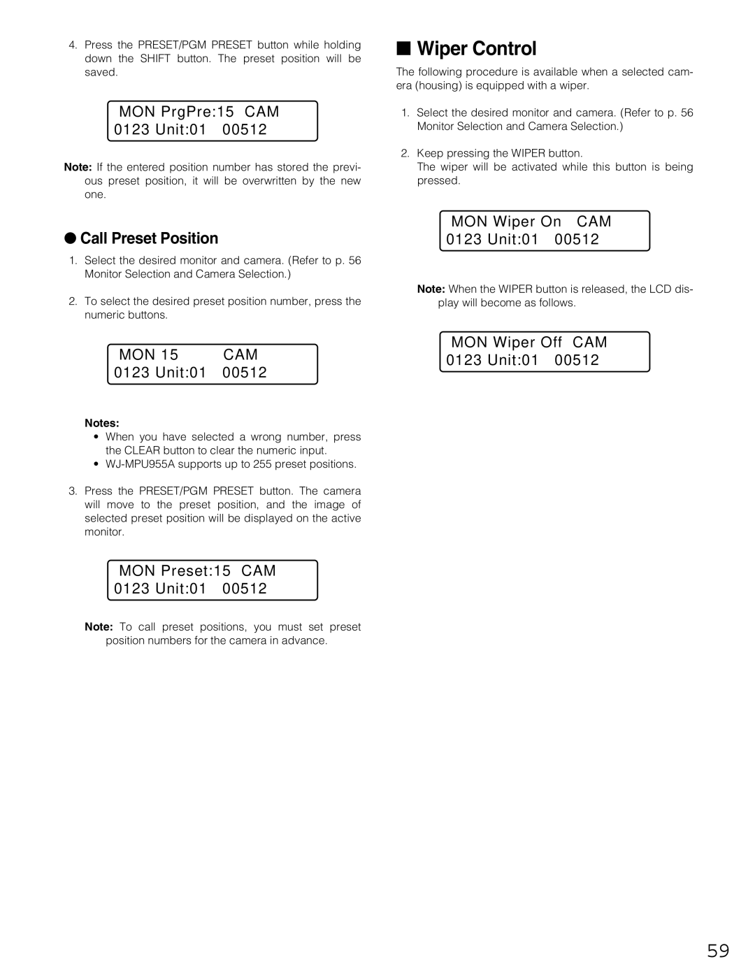 Panasonic WJ-MPU955A manual Wiper Control, Call Preset Position 