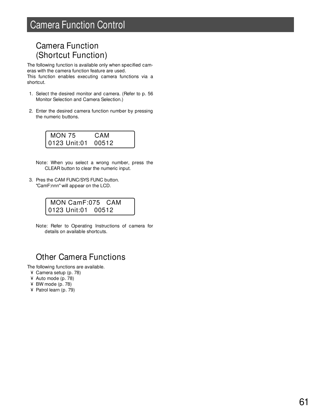 Panasonic WJ-MPU955A manual Camera Function Control, Camera Function Shortcut Function, Other Camera Functions 