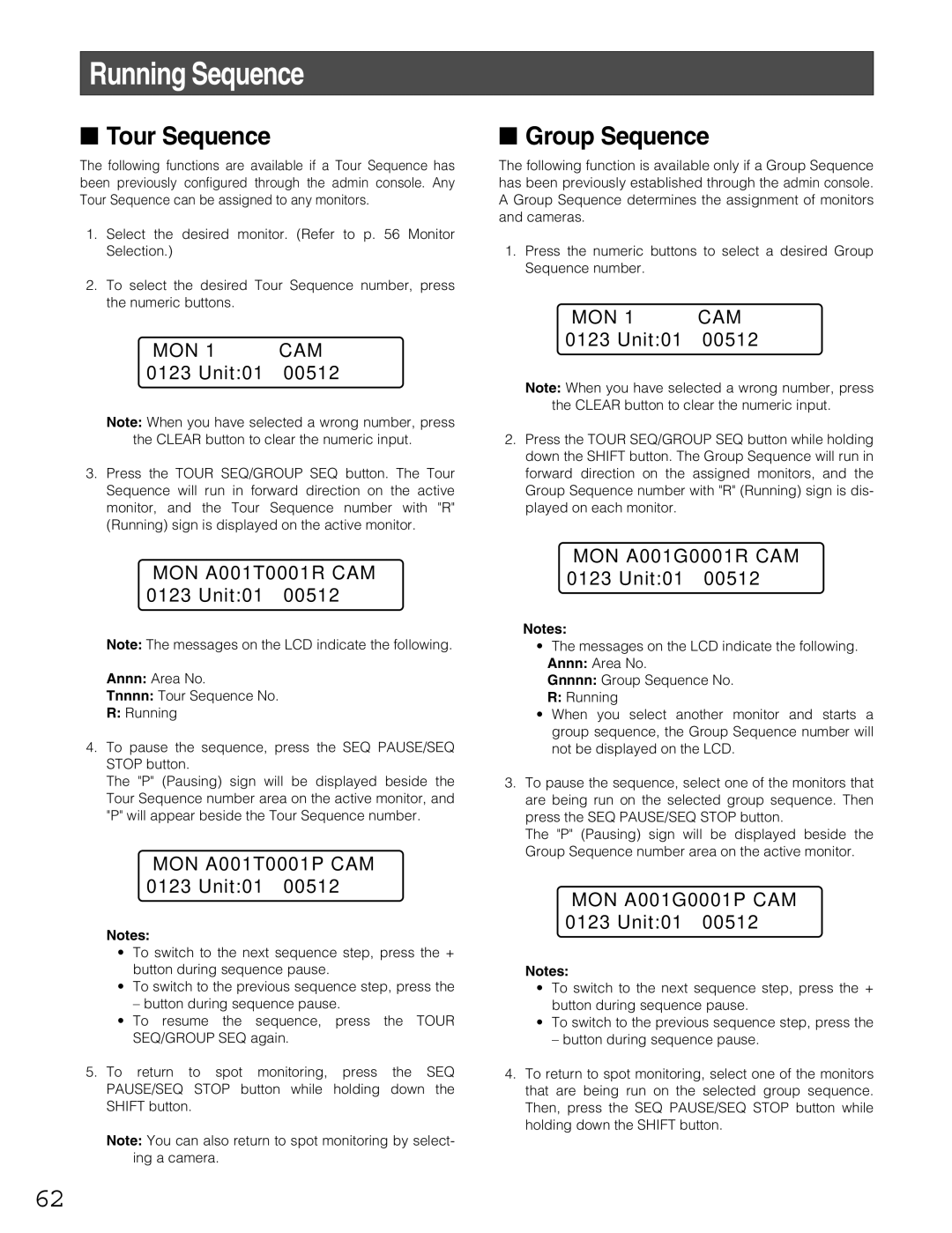 Panasonic WJ-MPU955A manual Running Sequence, Tour Sequence, Group Sequence 