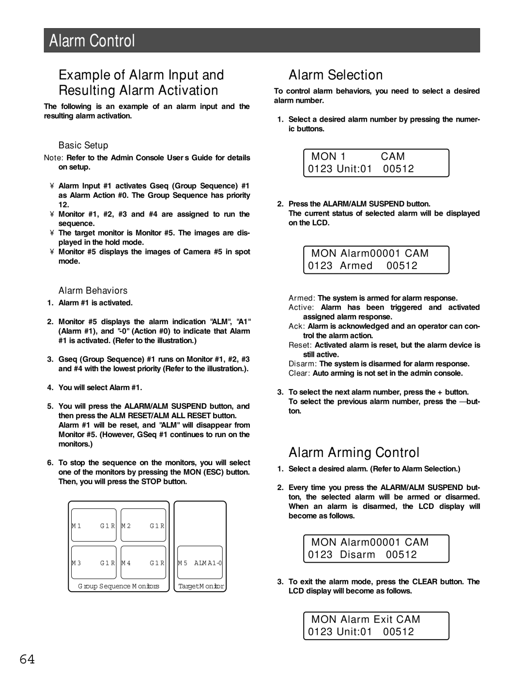 Panasonic WJ-MPU955A manual Alarm Control, Example of Alarm Input Resulting Alarm Activation, Alarm Selection 