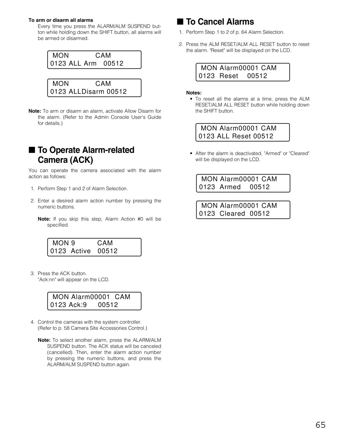 Panasonic WJ-MPU955A manual To Operate Alarm-related Camera ACK, To Cancel Alarms 