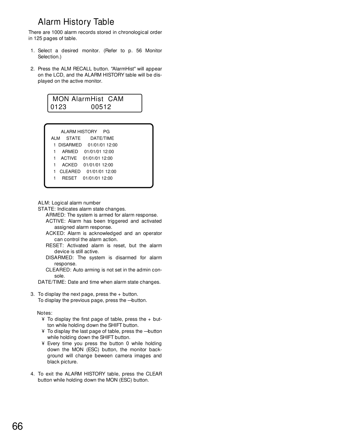 Panasonic WJ-MPU955A manual Alarm History Table, MON AlarmHist CAM 012300512 