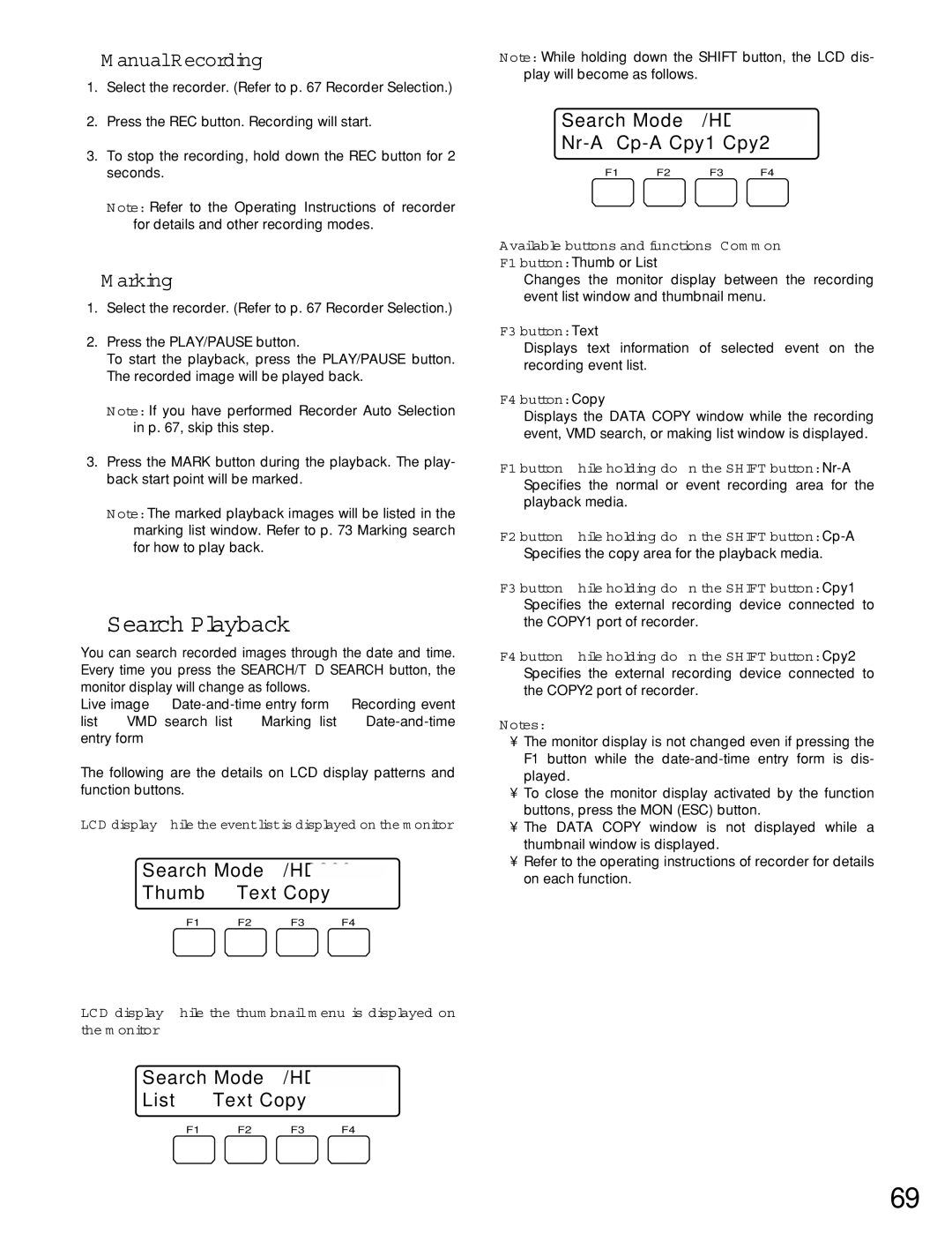 Panasonic WJ-MPU955A manual Search Playback, Manual Recording, Marking, Search Mode Thumb Text Copy 