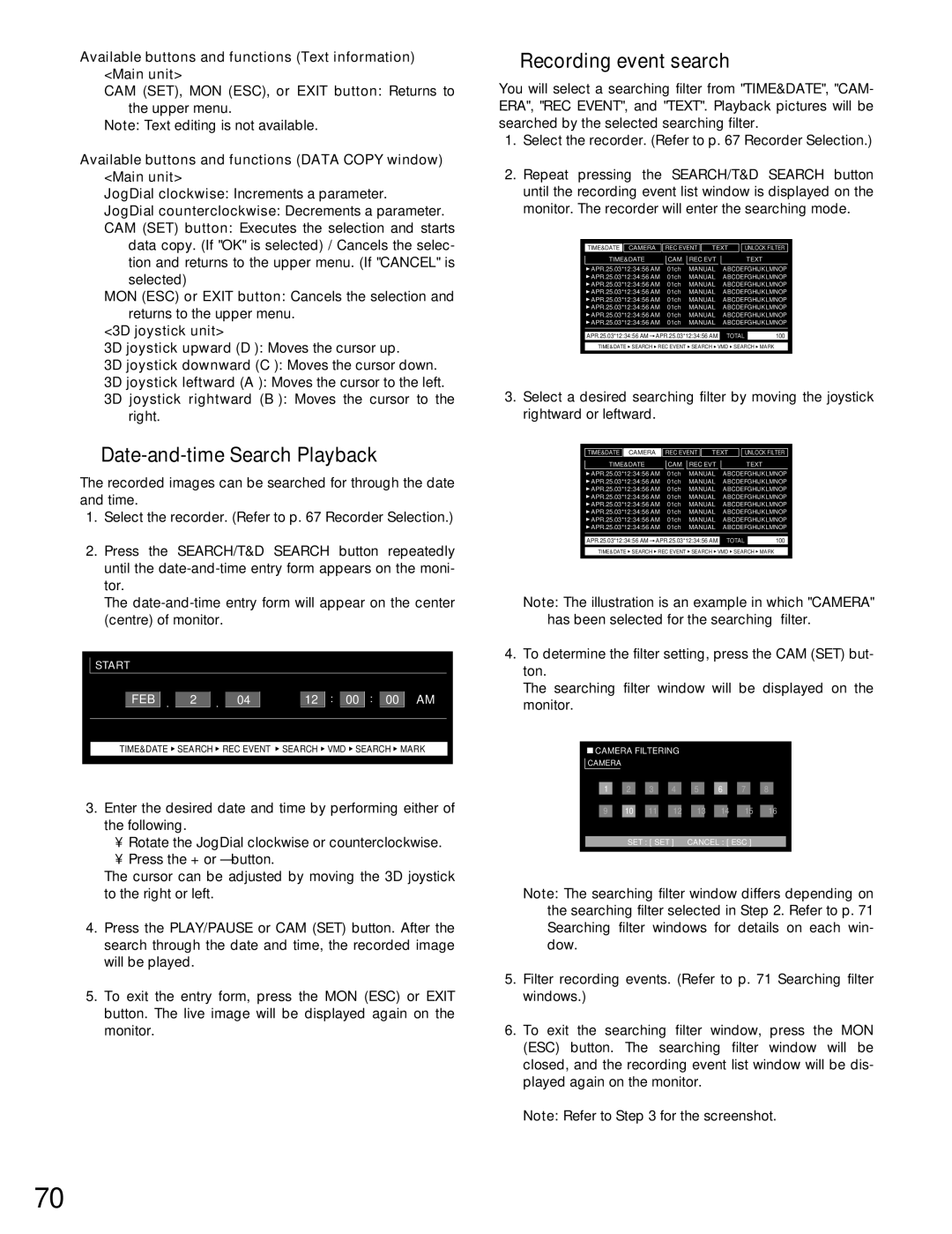 Panasonic WJ-MPU955A Date-and-time Search Playback, Recording event search, 3D joystick rightward B Moves the cursor to 