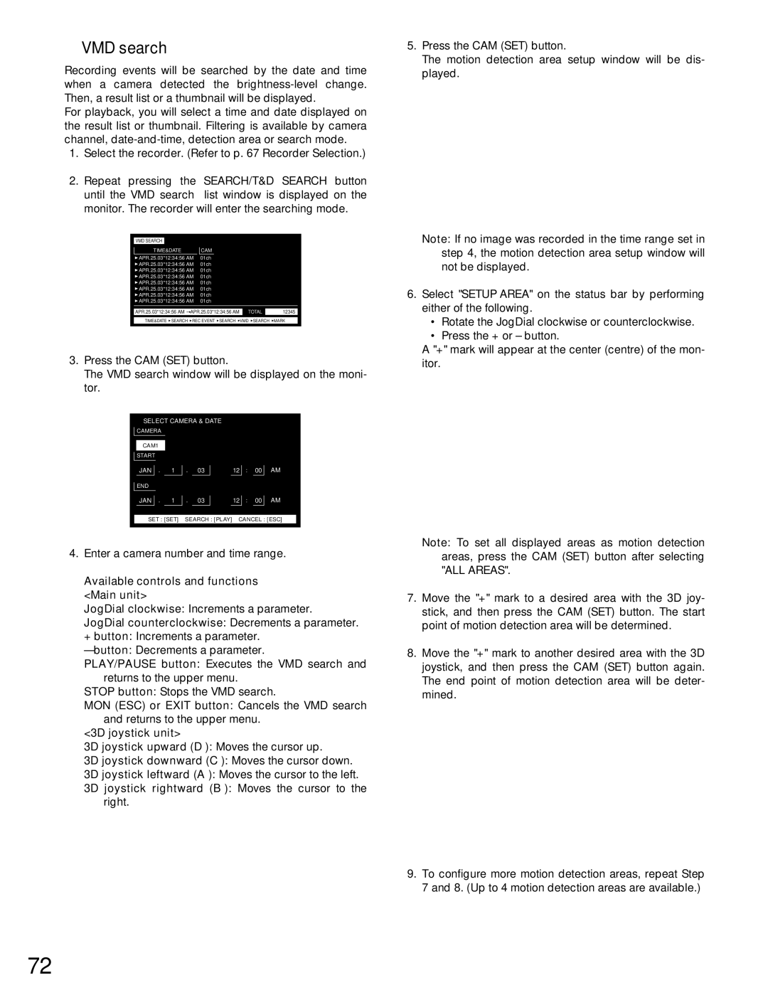 Panasonic WJ-MPU955A manual VMD search, Available controls and functions Main unit 