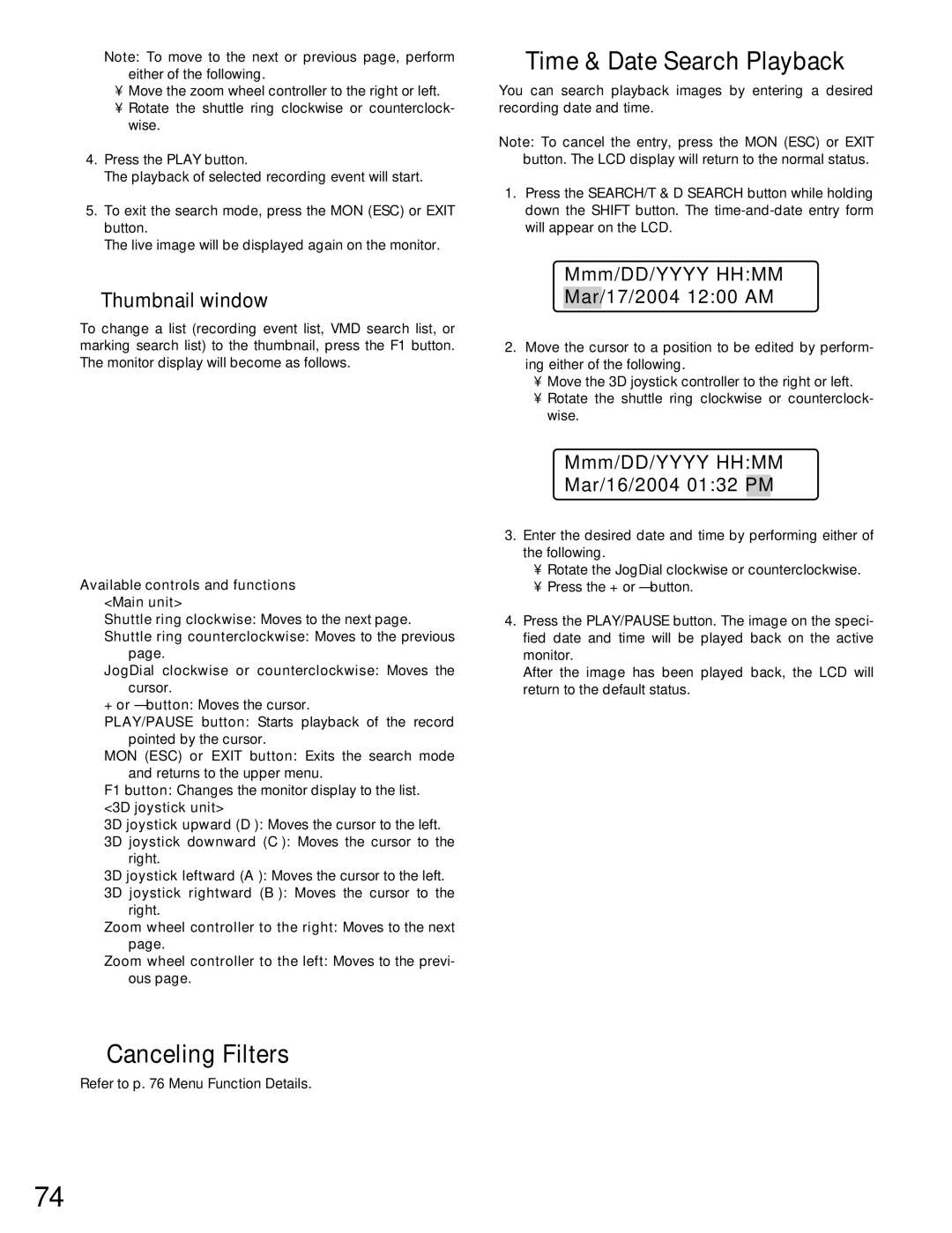 Panasonic WJ-MPU955A manual Canceling Filters, Time & Date Search Playback, Thumbnail window 