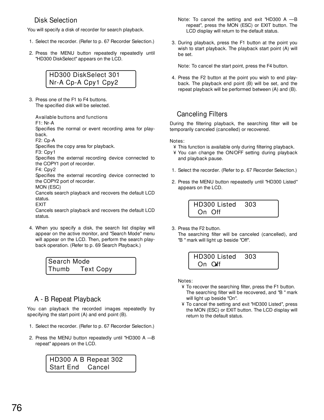 Panasonic WJ-MPU955A manual Disk Selection, Canceling Filters, HD300 DiskSelect Nr-A Cp-A Cpy1 Cpy2, HD300 Listed 303 Off 