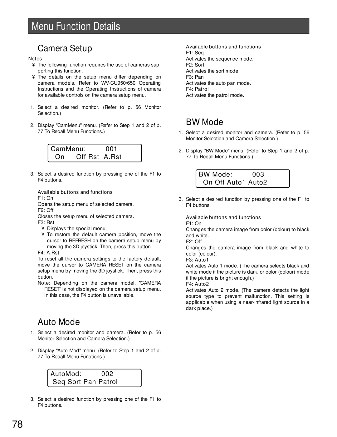 Panasonic WJ-MPU955A manual Menu Function Details, Camera Setup, Auto Mode, BW Mode 