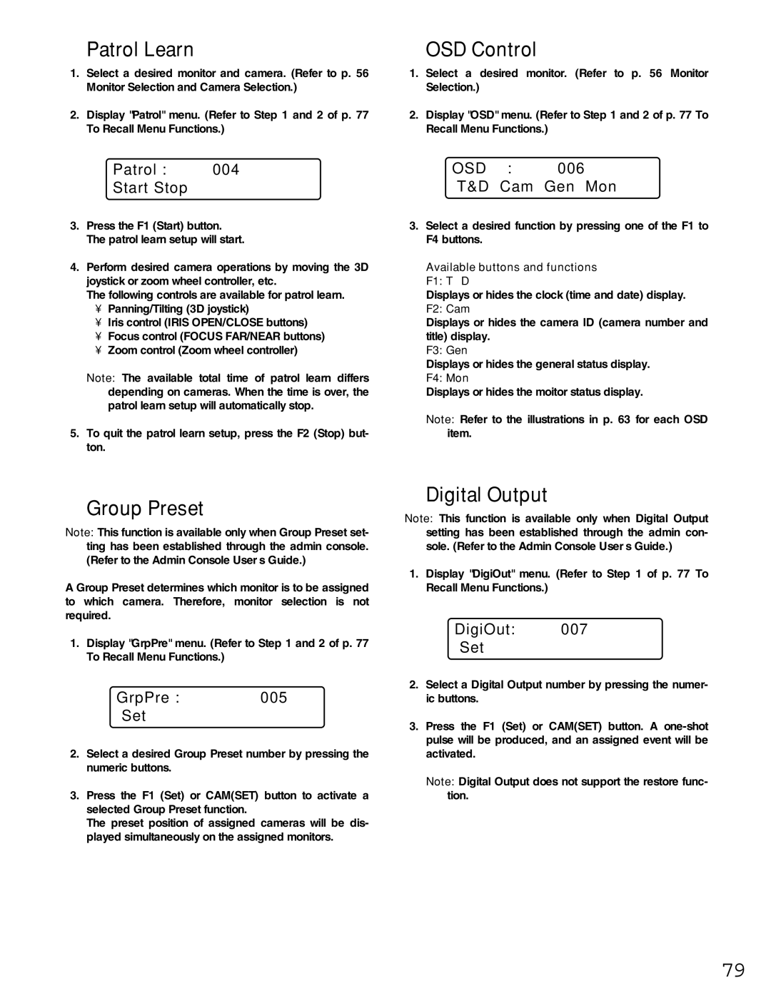 Panasonic WJ-MPU955A manual Patrol Learn, OSD Control, Group Preset, Digital Output 