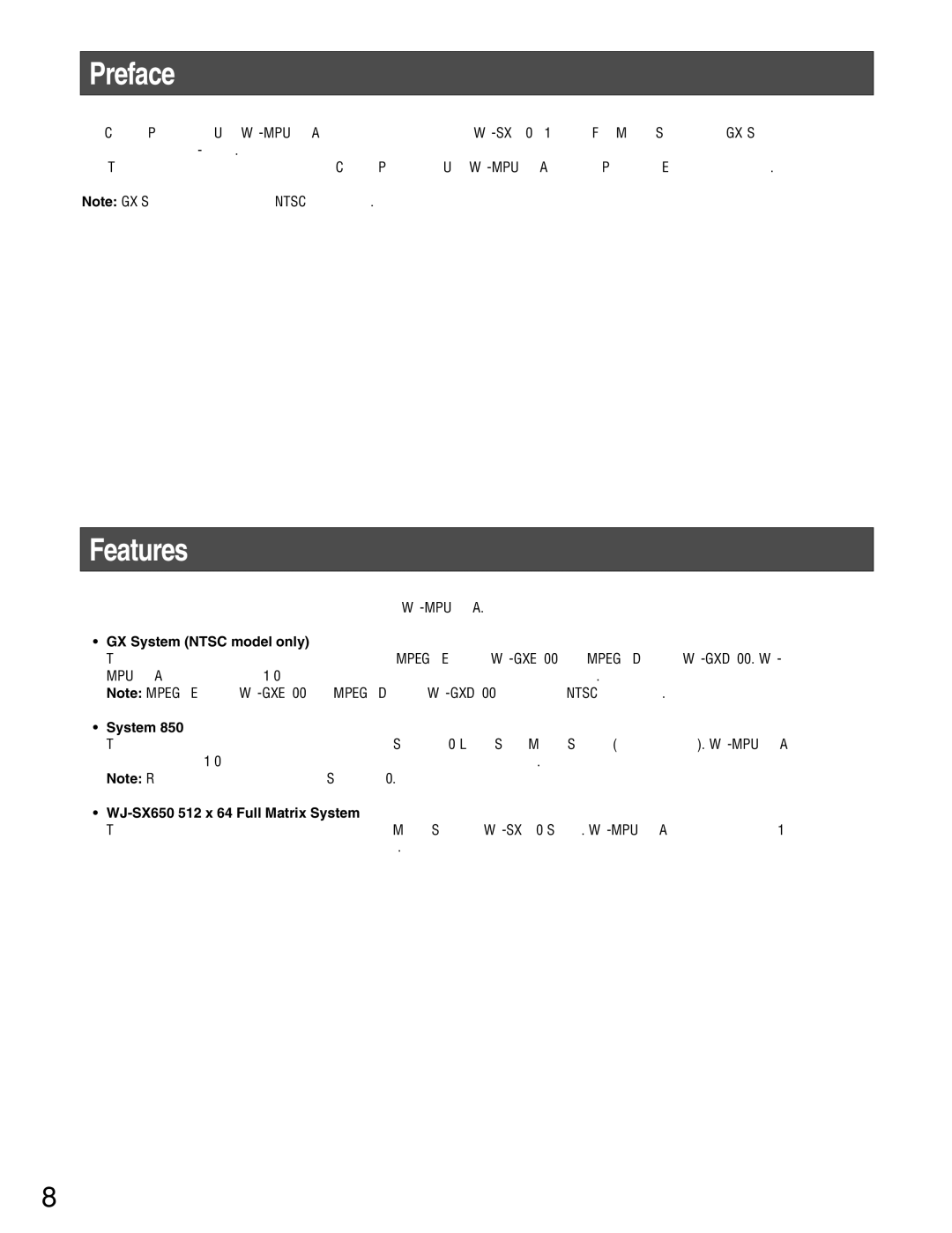 Panasonic WJ-MPU955A manual Preface, Features, GX System Ntsc model only, WJ-SX650 512 x 64 Full Matrix System 