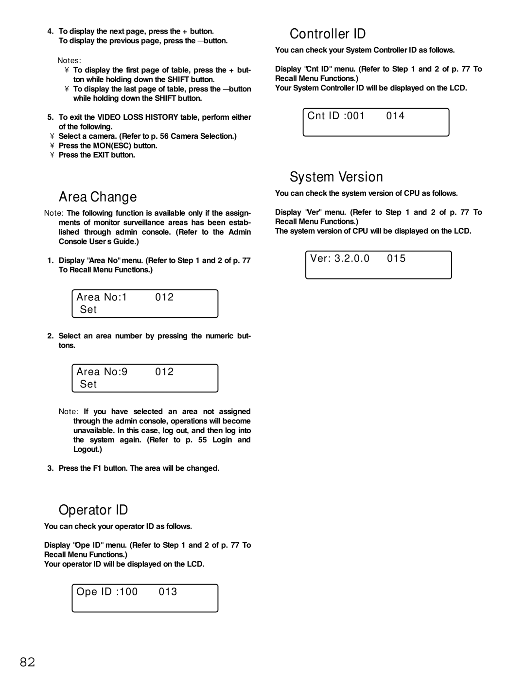 Panasonic WJ-MPU955A manual Area Change, Operator ID, Controller ID, System Version 