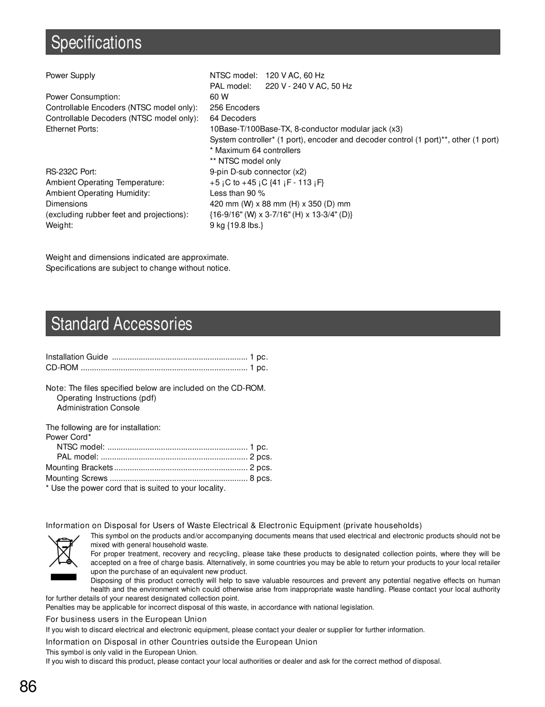 Panasonic WJ-MPU955A manual Specifications, Standard Accessories, Cd-Rom, For business users in the European Union 