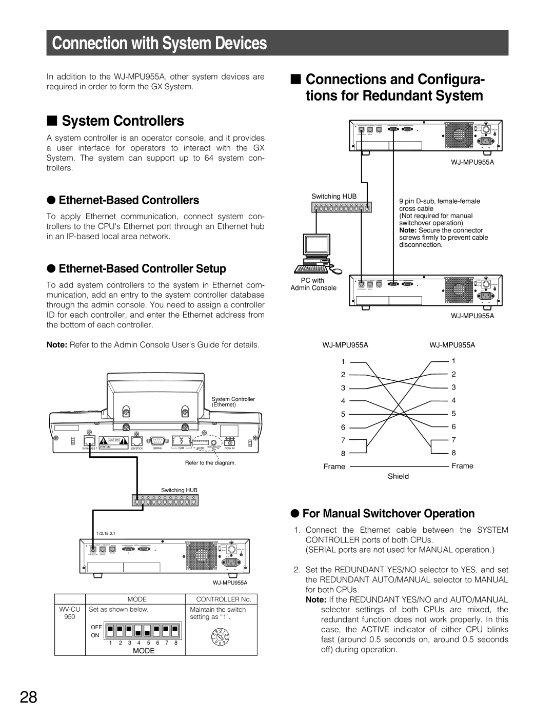 Panasonic WJ-MPU955A manual Connection with System Devices, System Controllers, Ethernet-BasedControllers 