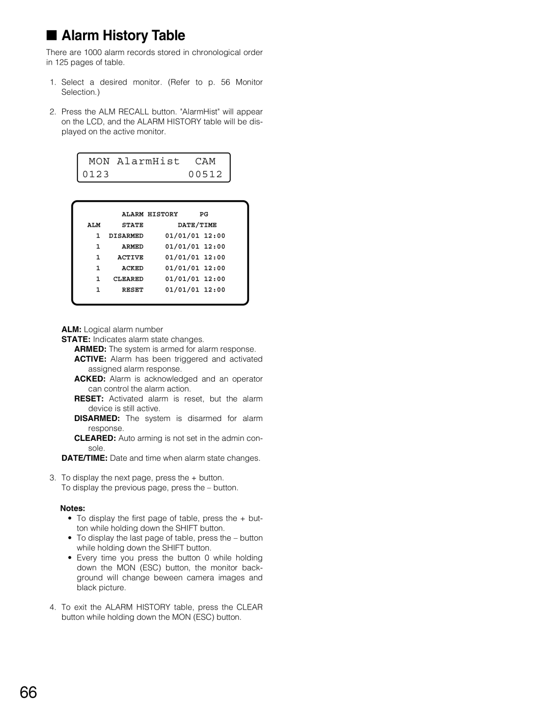 Panasonic WJ-MPU955A manual Alarm History Table, MON AlarmHist CAM 