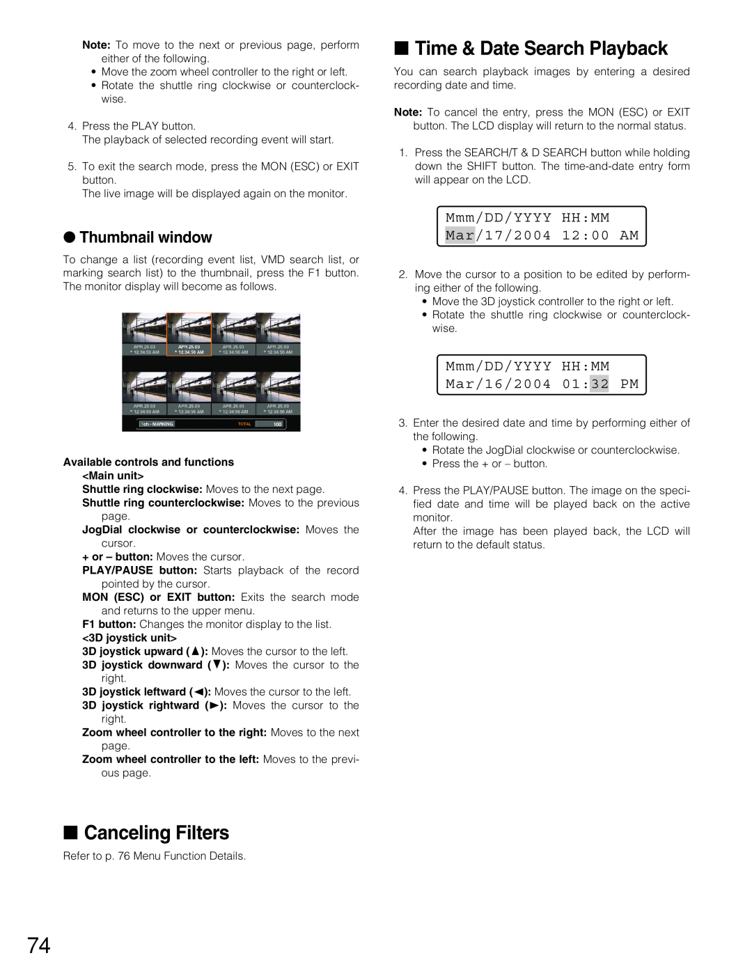 Panasonic WJ-MPU955A manual Canceling Filters, Time & Date Search Playback, Thumbnail window 