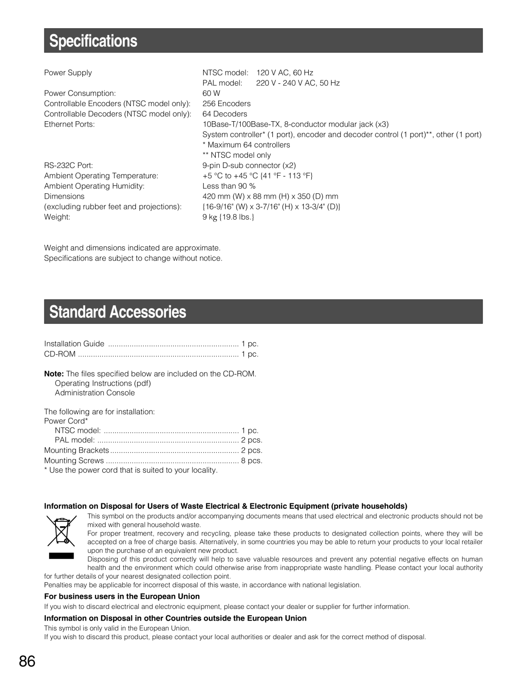Panasonic WJ-MPU955A manual Specifications, Standard Accessories 