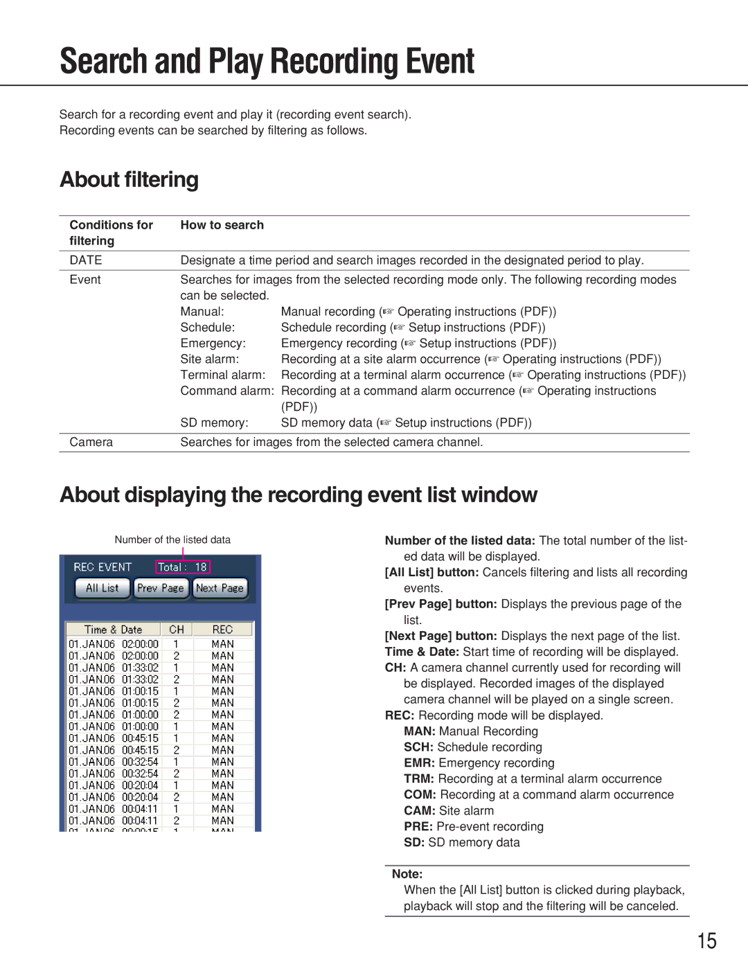 Panasonic WJ-ND200 Search and Play Recording Event, About filtering, About displaying the recording event list window 