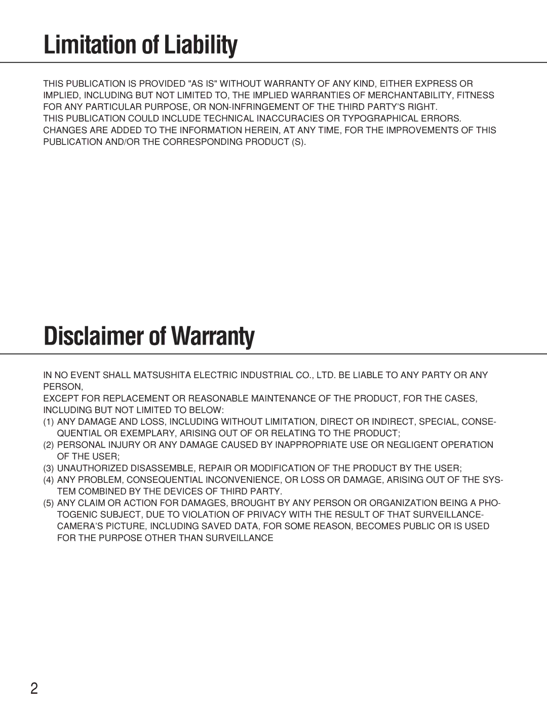 Panasonic WJ-ND200 manual Limitation of Liability, Disclaimer of Warranty 