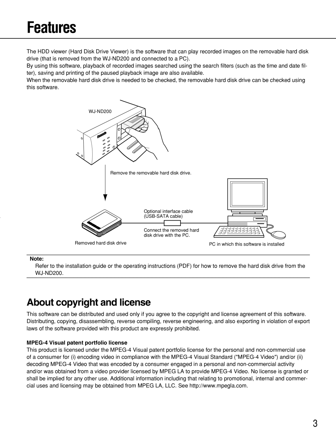 Panasonic WJ-ND200 manual Features, About copyright and license, MPEG-4 Visual patent portfolio license 