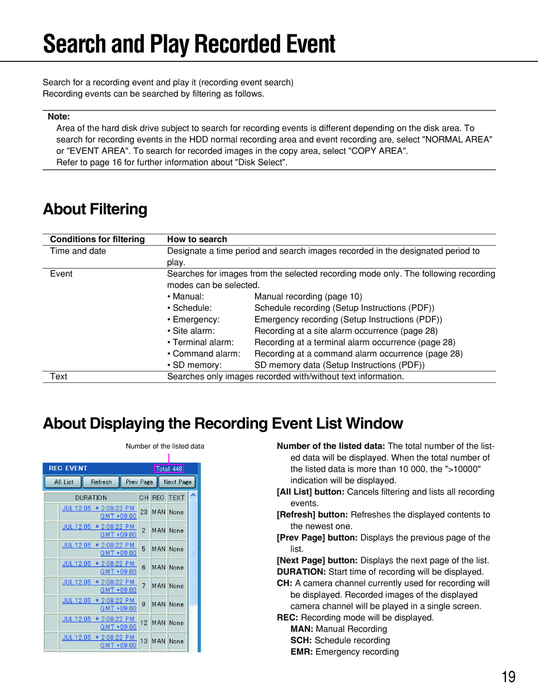 Panasonic WJ-ND300A Search and Play Recorded Event, About Filtering, About Displaying the Recording Event List Window 