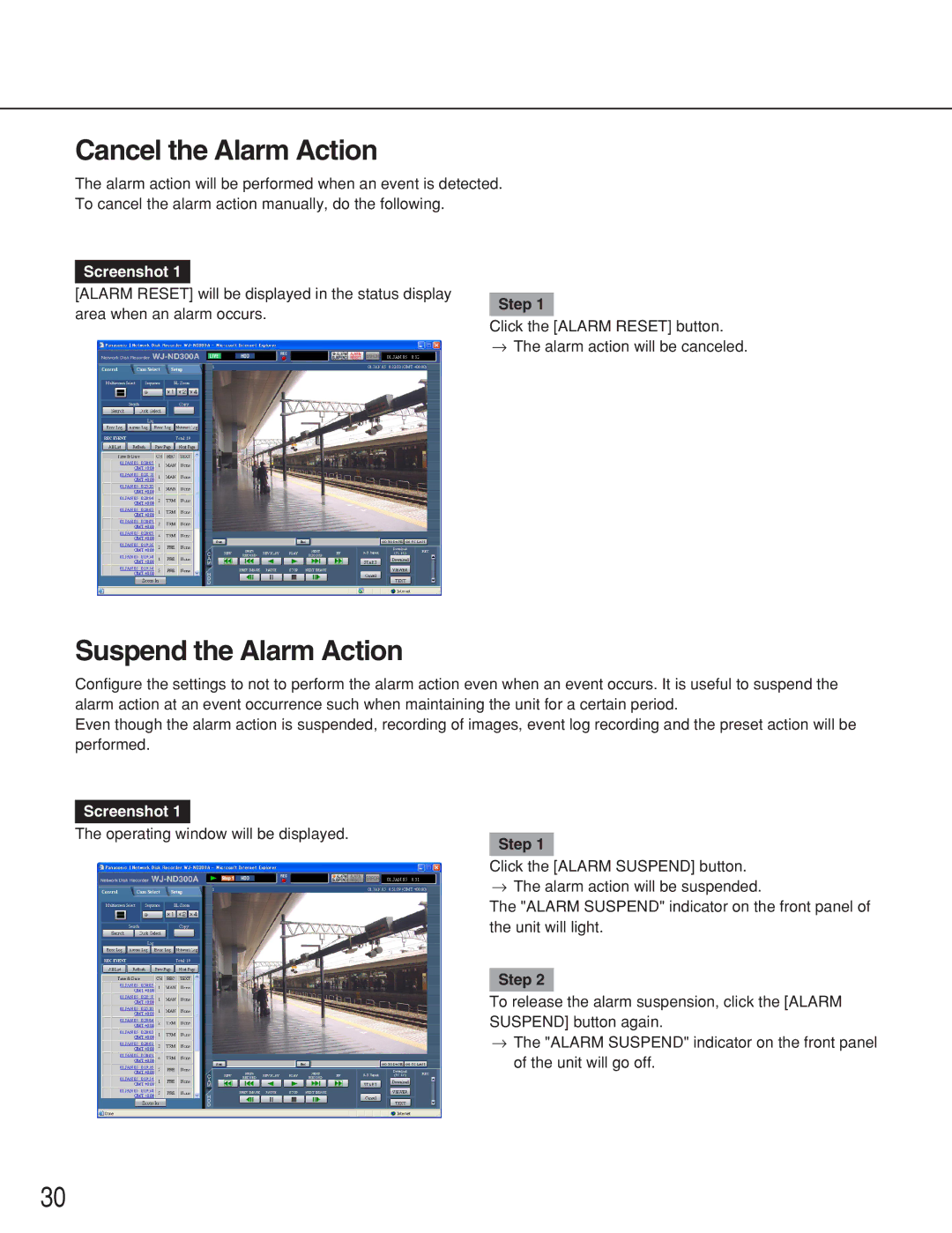 Panasonic WJ-ND300A operating instructions Cancel the Alarm Action, Suspend the Alarm Action 