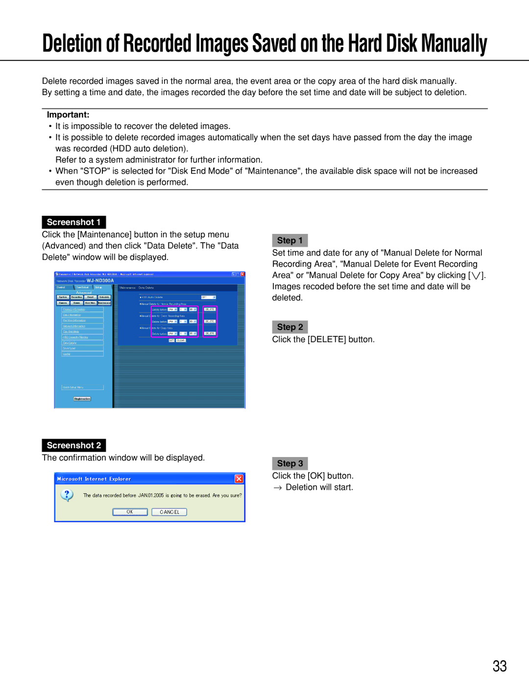 Panasonic WJ-ND300A operating instructions Deletion of Recorded Images Saved on the Hard Disk Manually 