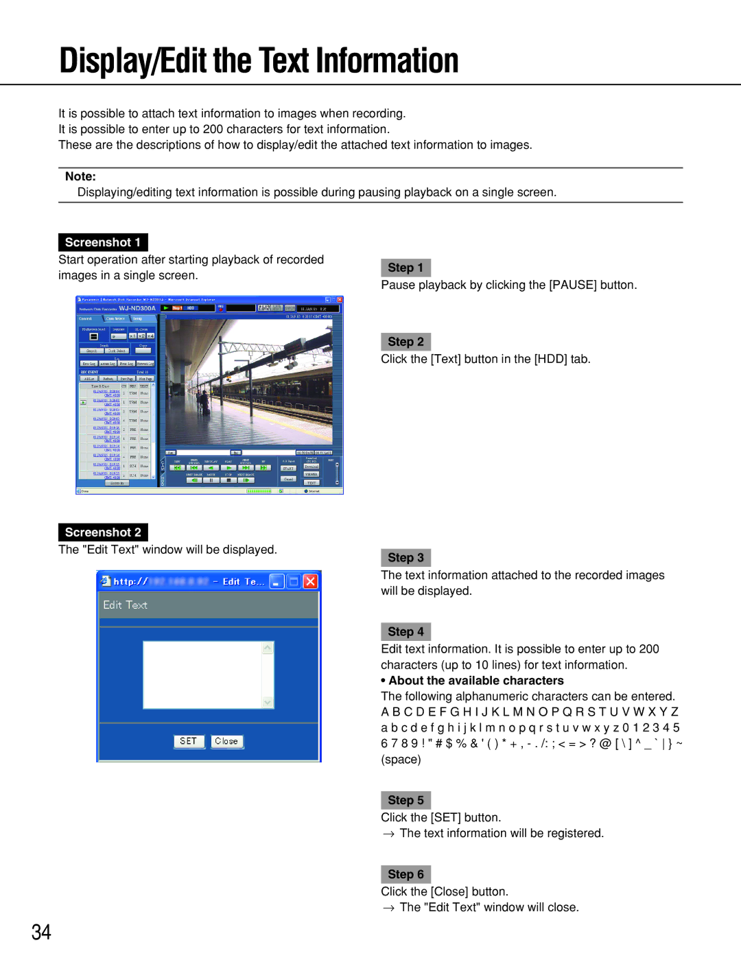 Panasonic WJ-ND300A operating instructions Display/Edit the Text Information, About the available characters 